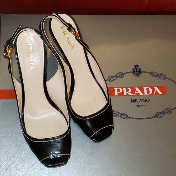 Prada Black Patent leather open toe wedge - Picture 1 of 9